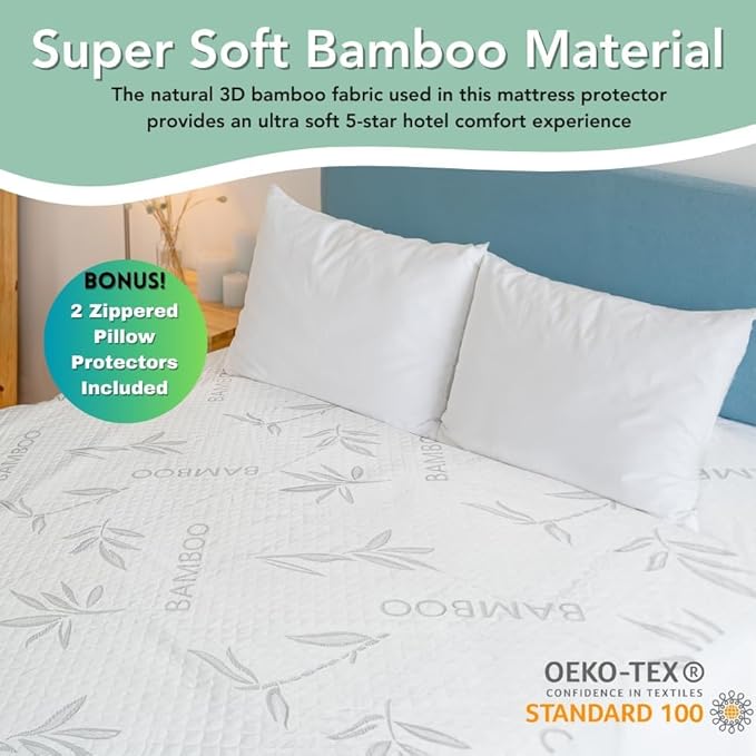 Bamboo Rayon Mattress Protector with Zipper + 2 Pillow Protectors - 100% Waterproof Cooling Queen Size Cover - Ultra Soft Fabric Breathable Noiseless Mattress Pad Covers Zippered Encasement