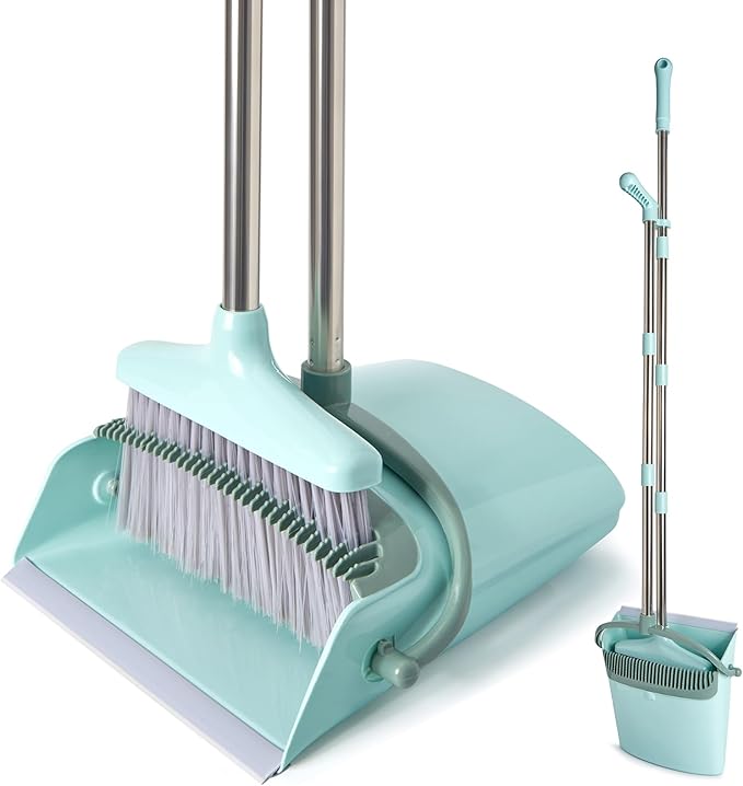 XXXFLOWER Broom and Dustpan Set with Cleaning Teeth, 55" Long Handle Indoor Sweeping Combo for Home Office Kitchen, Bluish Green