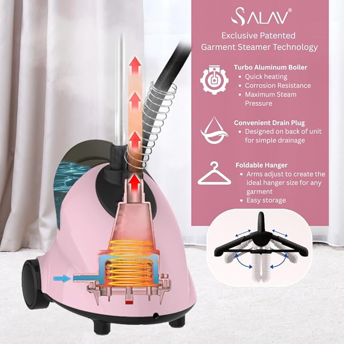 SALAV GS18-DJ Standing Garment Steamer with Roll Wheels for Easy Movement, 1.8L Water Tank for 1 Hour Continuous Steaming, Adjustable Pole for Storage, Includes Descaler Packet, 1500 watts - Pink