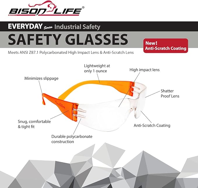 BISON LIFE Safety Glasses - Scratch Resistant Wrap Around Eyewear, Polycarbonate ANSI Z87.1 Impact Resistant Lens