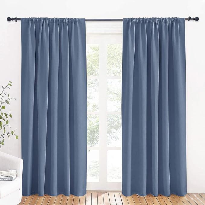 RYB HOME Blue Blackout Curtains 70 inch Width - Rod Pocket Room Darkening Window Shades Privacy Theraml Insulated Backdrops for Living Room Home Office, W70 x L84 inch, Stone Blue, 1 Pair
