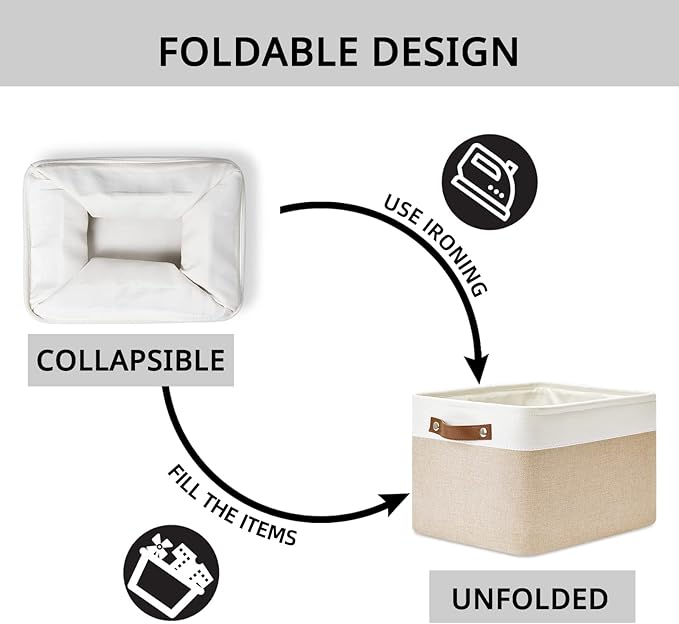 DULLEMELO Fabric Storage Bins for Laundry, Home, Foldable Storage Baskets for Shelves, Toys, Collapsible Storage Bins for Office, Closet,Bedroom(White&Khaki,15"x11"x9.5",4-Pack)