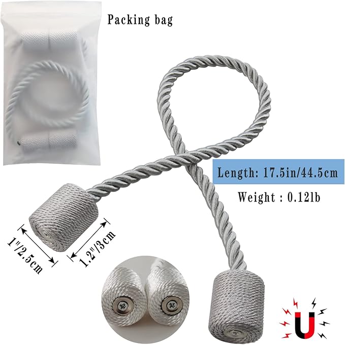 Magnetic Curtain Tiebacks 6 Pack Grey Curtain Rope Tieback Curtain Holders for Drapes Modern Tie Backs Decorative Curtain Holdbacks