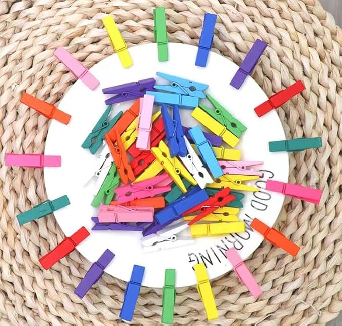 Durreus Colorful Small Clothes Pins Photos String Display with Clips Art Hanging Kit for Artwork 50Pcs
