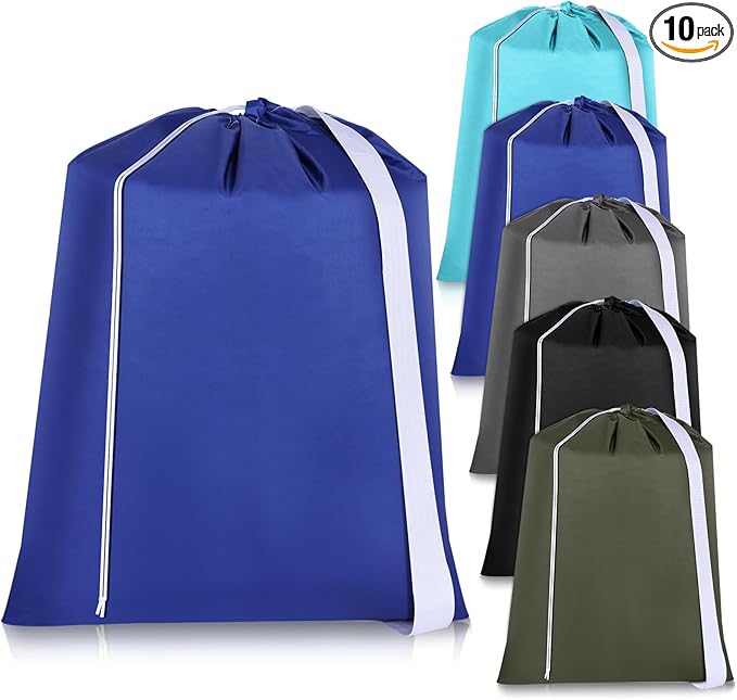 10 Pcs Nylon Extra Large Laundry Bag with Strap Travel Laundry Bags with Drawstring Closure Portable Cloth Bag for College Dorm Apartment Dwellers(Dark Color,24 x 21 Inch)