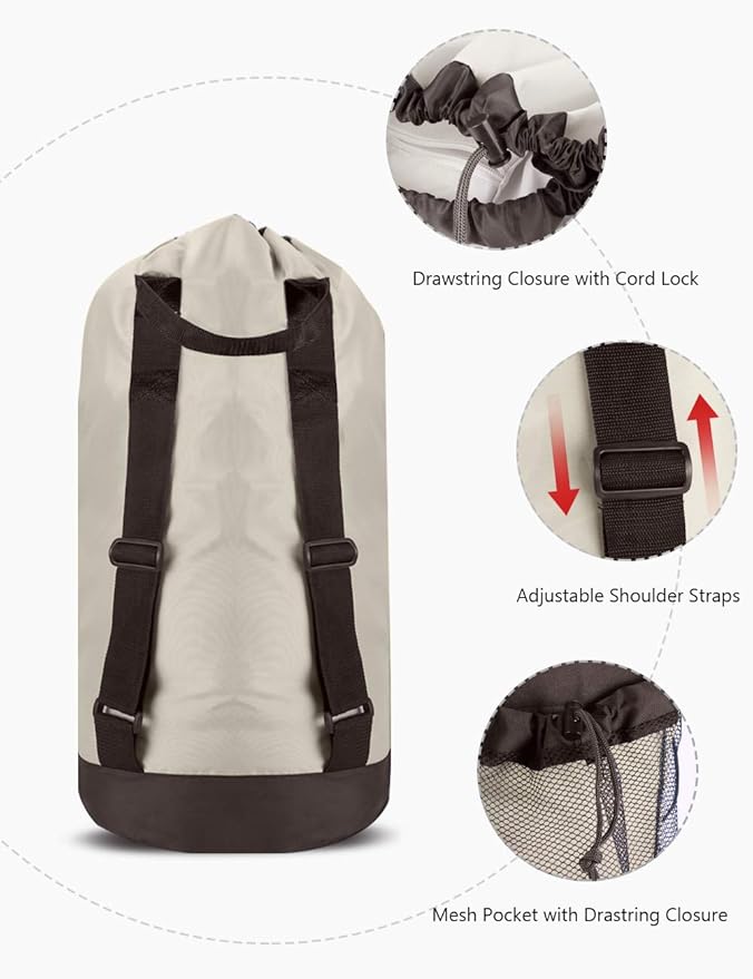 Dalykate Backpack Laundry Bag, 115L Large Hamper with Shoulder Straps, Drawstring Closure, Mesh Pocket, Khaki