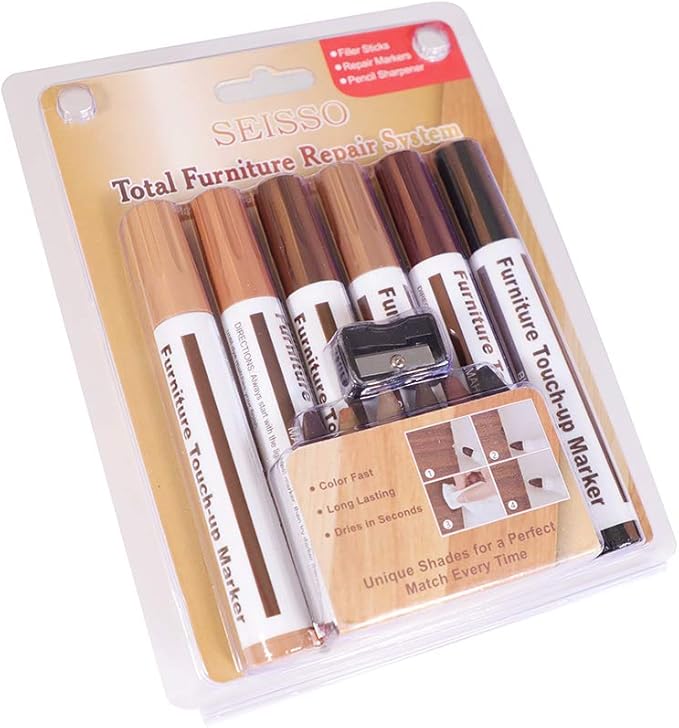Furniture Repair kit, Wood Scratch Cover Markers*6 and Wax Filler Sticks*6 with Sharpener- 13Pack, Furniture Markers Touch Up Kit for Cover Ups Wooden Floors, Tables, Desks, Carpenters, Stains