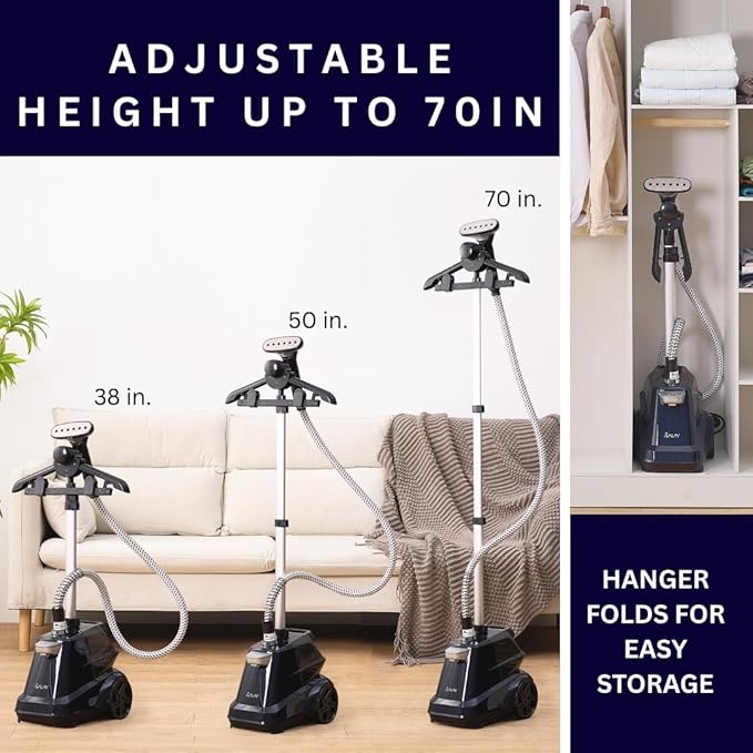 SALAV Heavy Duty Commercial Full-Size Garment Steamer with Foot Pedals and Extra Large 3L (101.5 oz) Water Tank, 1800 watts of Poweful Steam (Navy)