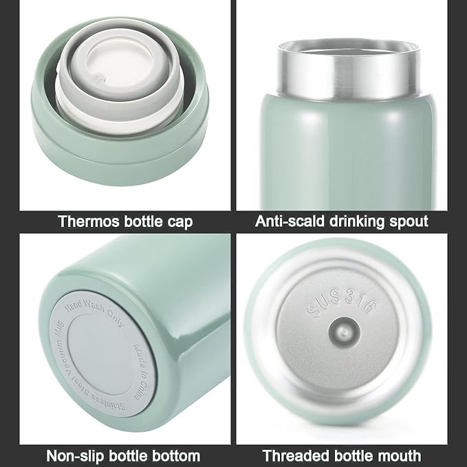 Mini Thermos Cute Water Bottle - 7 oz Tiny Insulated Vacuum 18/10 Stainless Steel Small Flask - Leak Proof & Spill Proof & Keeps Cold and Hot for Drink, Coffee, Tea - Light Green