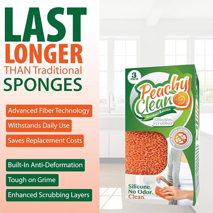 Peachy Clean Silicone Dish Sponge Scrubbers, Fresh Peach Scent, Non-Scratch, Odor-Resistant, Durable Dish Sponges for Kitchen