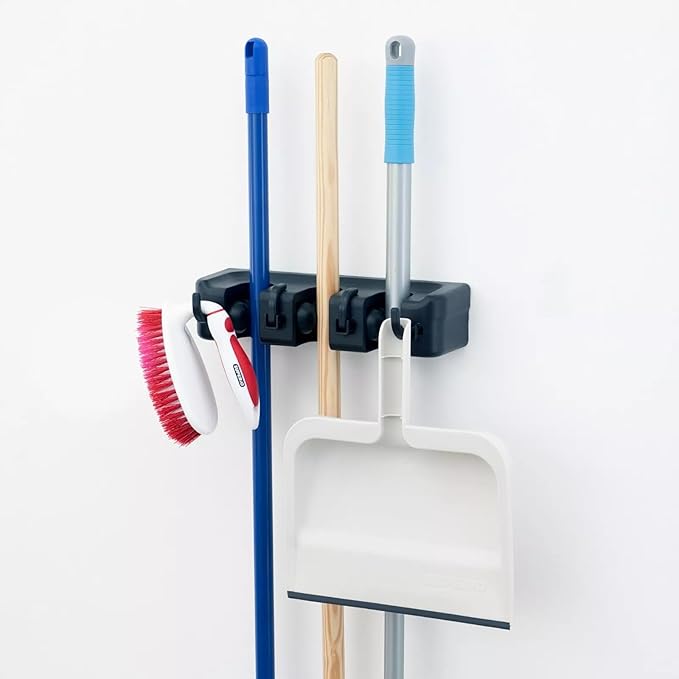 Broom and Mop Holder Wall Mount, Hooks Hanger for Mops and Broom, Organizer Kit with 3 Slots and 4 Hooks, Perfect for House, Bathroom, Laundry, Garden, Tool Room, Garage, Wall Mounted, Black