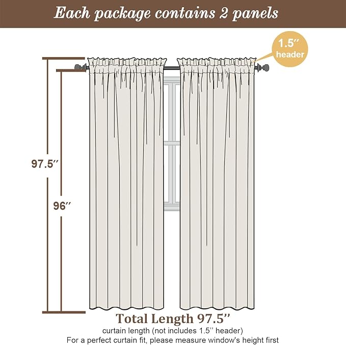 Chyhomenyc Ivory Sheer Curtains 96 Inch Length 2 Panels Set, Elegant Light Filtering Voile Window Treatment Drapes for Living Room Bedroom, 42W x 96L Inches, Set of 2, Ivory