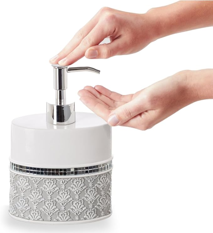 Creative Scents Mirror Damask White and Gray Bathroom Accessories Set - 6 Piece Bathroom Accessory Set Includes: Trash Can, Tissue Box Cover, Soap Dispenser, Soap Dish, Toothbrush Holder & Tumbler