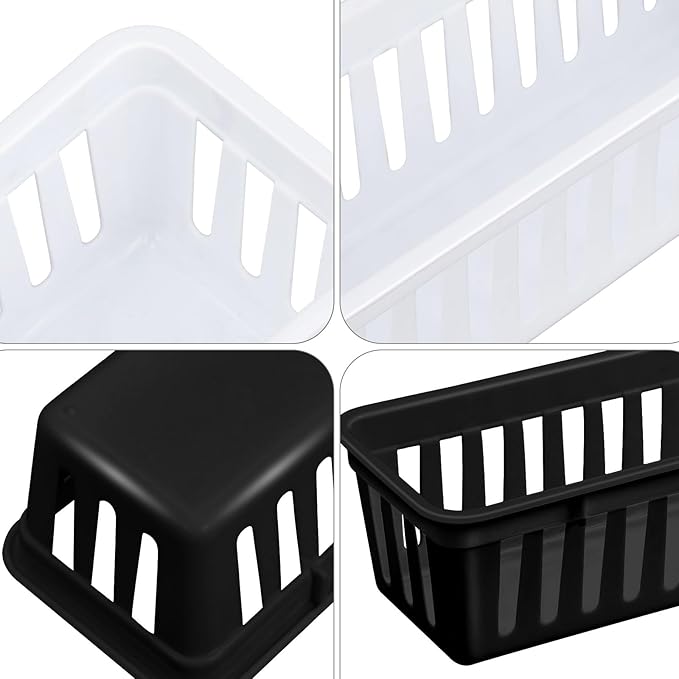 Domensi 12 Pack Slim Plastic Storage Baskets Tray for Organizing 10.25x3.25x2.5 Inch Small Narrow Storage Bins Stackable Drawer Pencil Trays Holder for Desk Garage Cabinet Container (White, Black)