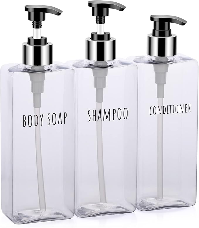 Segbeauty 3pcs Clear Soap Dispenser, 16.9oz Refillable Shampoo Conditioner Bottles, 500ml Empty Plastic Square Body Wash Dispenser for Shower Bathroom Press Pump Bottle Liquid Container Set