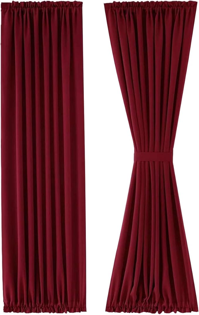 DWCN French Door Curtains – Rod Pocket Thermal Blackout Curtain for Doors with Glass Window, Christmas, Kitchen and Patio Doors for Privacy, 25 X 72 Inches, 1 Curtain Panel with Tieback, Burgundy
