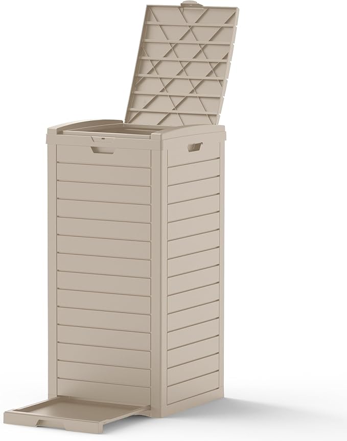 31 Gallon Outdoor Trash Can, Waterproof Resin Trash Can with Layered Lid and Drip Tray, Perfect for Patio, Backyard (Grey)