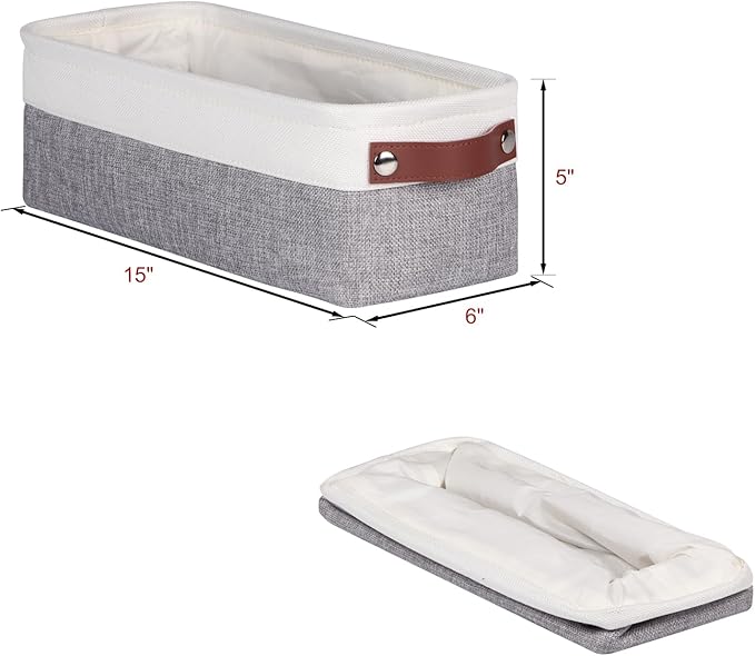 Univivi 4PC Small Fabric Storage Bins,15x6x5 inch Long Narrow Storage Baskets with PU Handles for Closet,Cabinet,Countertop Organizing Small Items (Gray,15x6x5 inch)