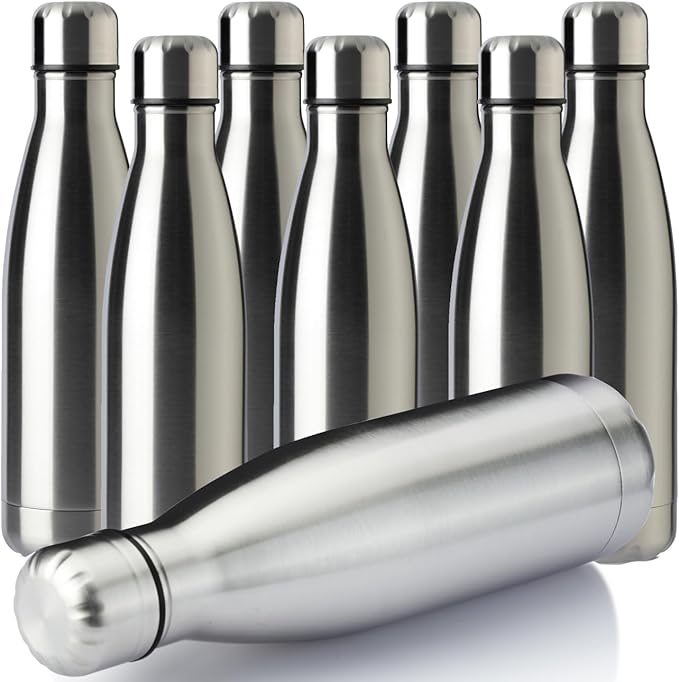MEWAY 17oz Sport Water Bottle 8 Pack Vacuum Insulated Stainless Steel Leak-Proof Double Wall Cola Shape Water Bottle,Keep Drinks Hot & Cold (Silver,8 Pack)