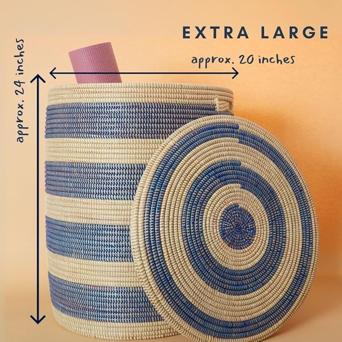Storage & Organization - Laundry Basket, Bedroom Hamper, Nursery Toys Bin, Living Room Blankets Storage, Decorative, Wicker, Sturdy, Round, Handles, Woven, Blue Beige (Medium)