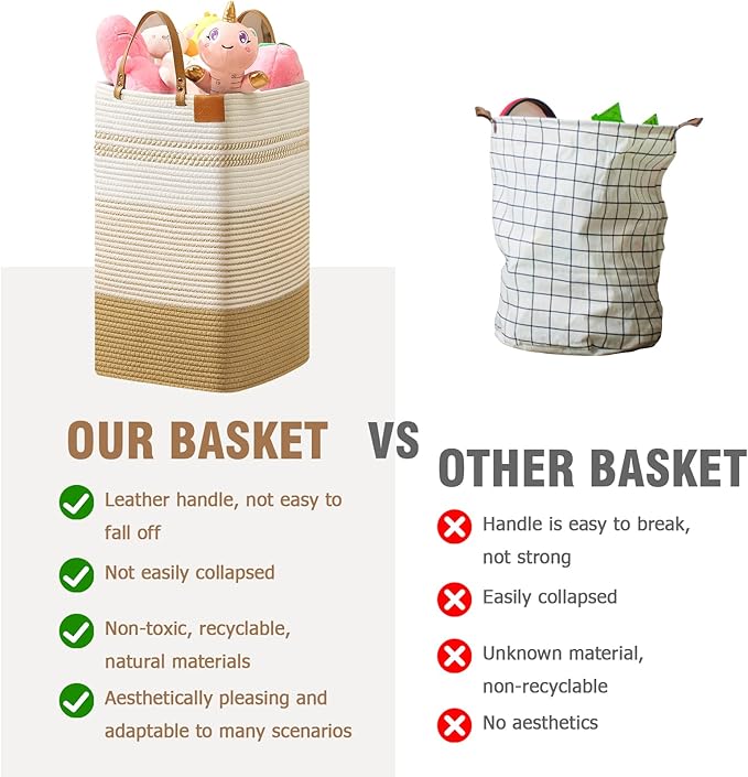 danpinera 100L Nursery Hamper, Tall Woven Laundry Basket with Long Leather Handles, Boho Laundry Hamper for Living Room & Bedroom, Eco-friendly & Convenient Decorative Storage Basket White & Jute