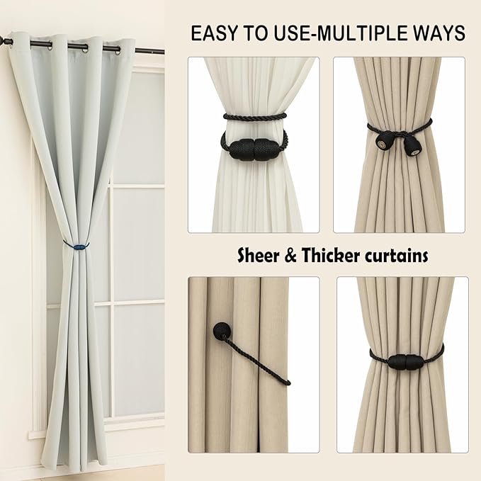 Magnetic Curtain Tiebacks - 2 Pack Rope Curtain Tiebacks for Drapes and Decorative Window Holdbacks, Black