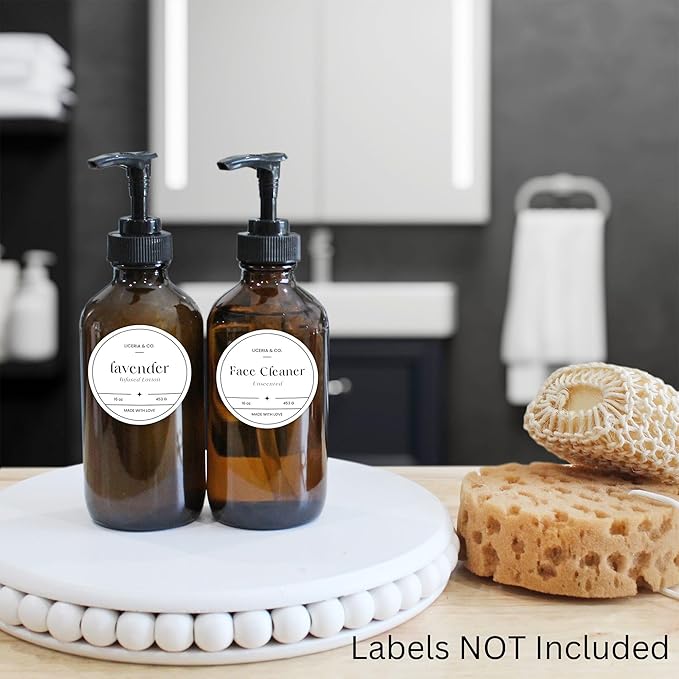 Cornucopia 8oz Glass Pump Bottles (4-Pack, Amber Brown), Lotion Soap Dispensers w/Black Plastic Pumps