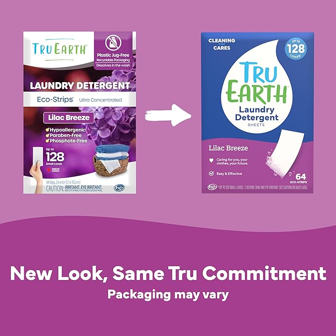 Tru Earth Compact Dry Laundry Detergent - Up to 128 Loads (64 Sheets) - Paraben-Free - Original Eco-Strip Liquidless Detergent, Travel - Lilac Breeze | Packaging May Vary