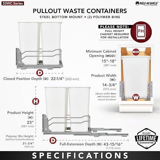 Rev-A-Shelf Pullout Dual Trash Cans for Full Height Kitchen Garbage Cabinet 50 Quart 12.5 Gallon with Soft-Close Slides, Orion Gray, 53WC-2150SCDM-213