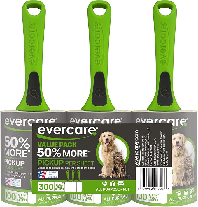 Evercare All Purpose Pet Hair Lint Rollers, 3 Pack, 100 Sheets Each – Reusable Sticky Roller for Pet Hair, Cat & Dog Hair Remover, Lint Remover, Pet Hair Remover for Furniture, Clothing & Cars