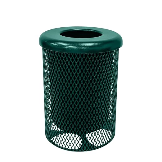 COATEDOUTDOORFURNITURE RFT-TXTGRN Heavy Duty Round Trash Receptacle with Flat Top, Liner Included, 32 Gallon, Textured Green, Made in America