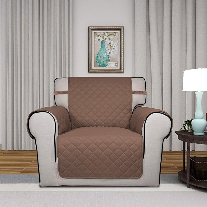 PureFit Reversible Quilted Sofa Cover, Water Resistant Slipcover Furniture Protector, Washable Couch Cover with Non Slip and Elastic Straps for Kids, Dogs, Pets (Chair, Brown/Beige)