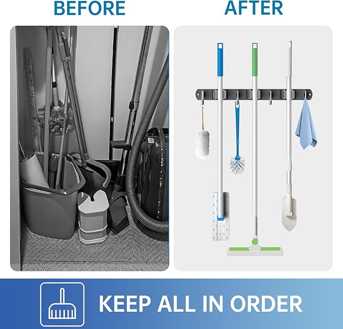 ZONGOOL Mop and Broom Holder Wall Mount, Broom Organizer Mop and Broom Storage Tool Racks Stainless Steel Wall Hanger for Home Kitchen Garden Laundry Garage (3 Racks with 4 Hooks, Black)