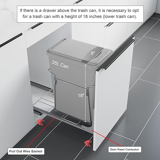 Dowell B15 Aluminum Base Wastebasket Pullout with Door Mount and 35Qt/9Gal Plastic Bin (4012 0115+35)