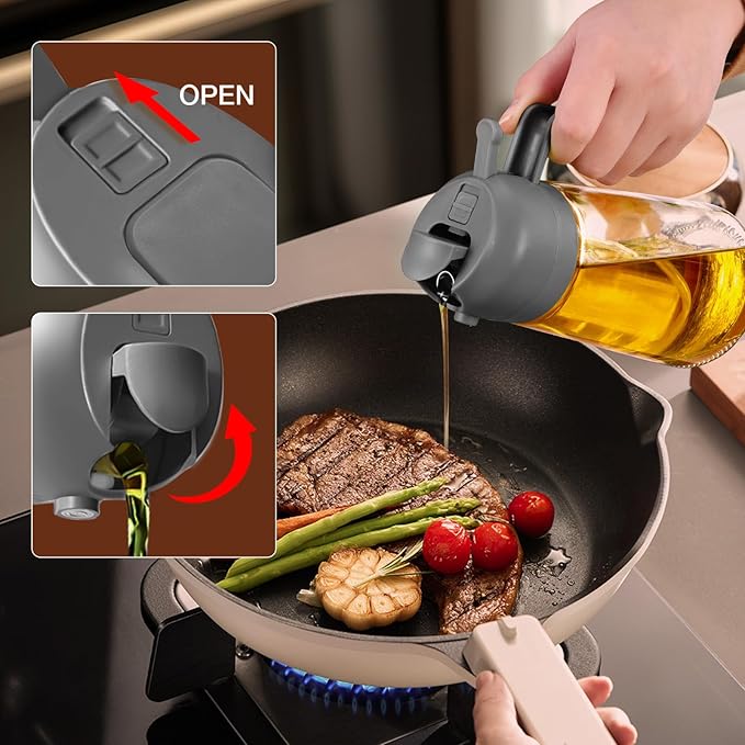 YARRAMATE 16oz/470ml Oil Sprayer for Cooking with Stickers, Food-grade Premium 2 in 1 Olive Oil Dispenser Bottle for Kitchen Gadgets, Air Fryer, Salad, Frying, BBQ (Gray)