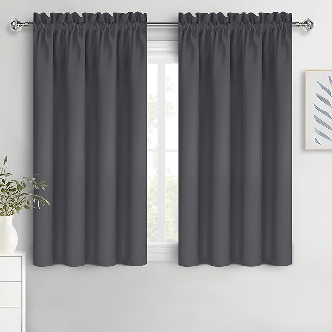DWCN Kitchen Blackout Short Curtains for Bedroom 45 Inch Length 2 Panels Set, Solid Thermal Insulated Energy Saving Rod Pocket Window Treatment Curtains Blackout Draperies (W52 x L45 Inch, Dark Grey)