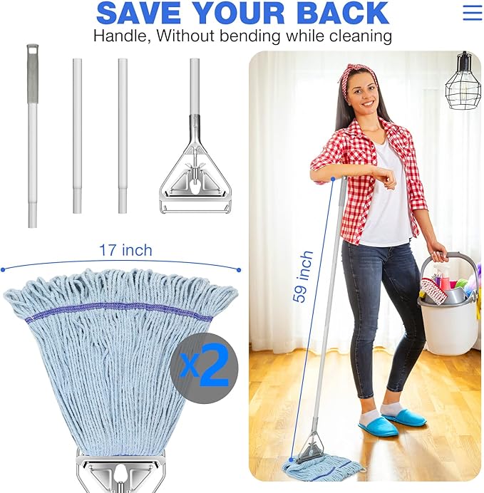 String Mop for Floor Cleaning - Heavy Duty Industrial Commercial Wet Mop with Extra Replacement Head , 59inch Handle, for Home,Garage,Office, Workshop, Warehouse Floor Cleaning