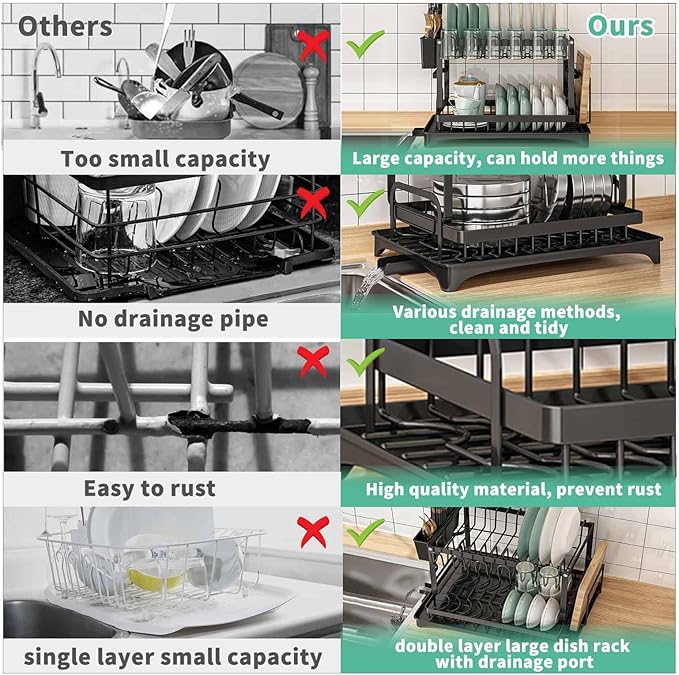 Dish Drying Rack, 2 Tier Large Dish Drying Rack for Kitchen Counter with Drainboard Stainless Steel Dish Drainer for Dish/Knifes/Cup/Cutting Board, Black