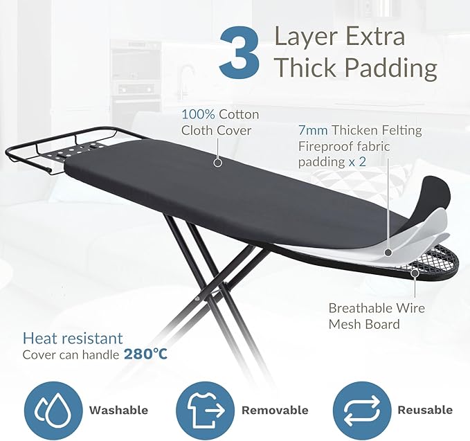 Ironing Board 48" x 15" with Retractable Iron Rest, RAINHOL Heavy Duty Full Size Iron Board, Sturdy Wide Frame with Thick Padding Cover, Height-Adjustable, Black