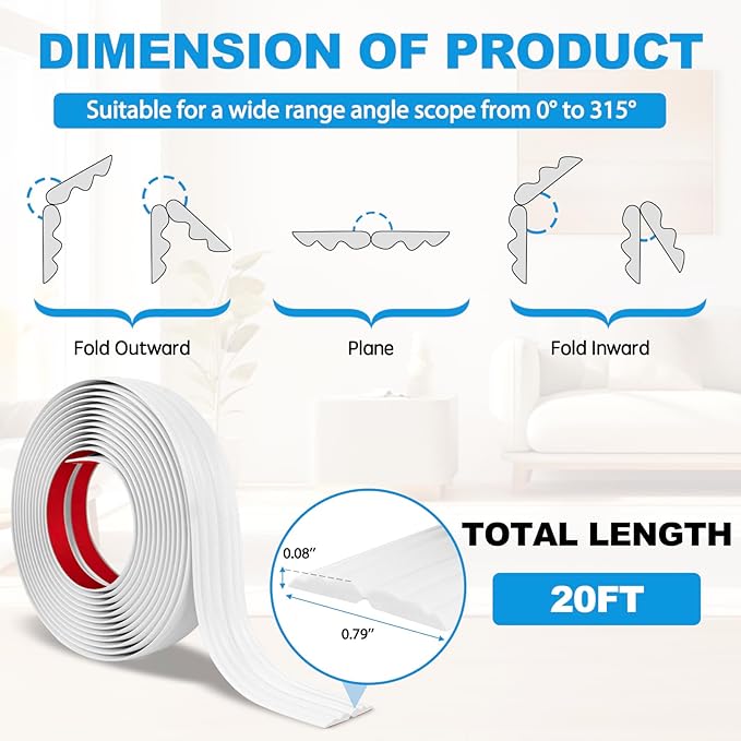 Wall Corner Protector Peel and Stick Corner Trim Molding Flexible Inside & Outside Wall Edge Guard Self Adhesive Moulding Trim for Edge Use, White, 0.8” W x 20’ L