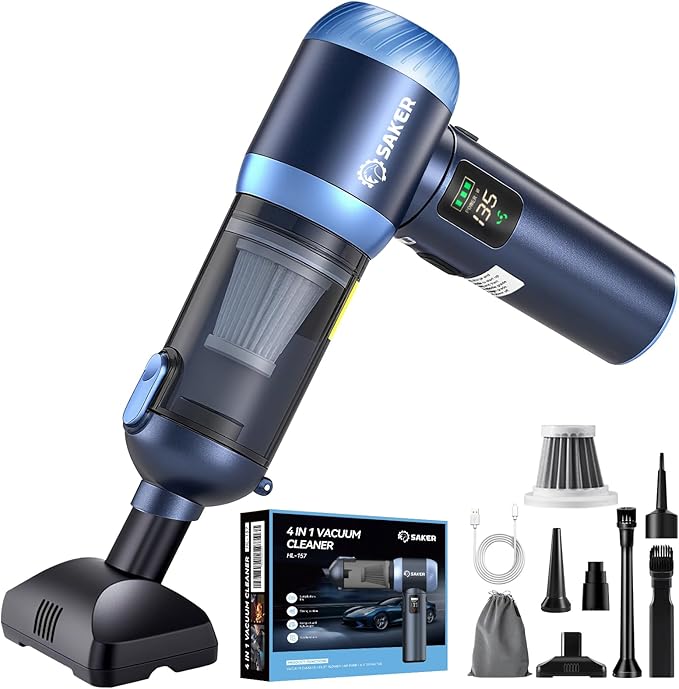 Saker Car Vacuum Portable Cordless 20000Pa Suction Power 4 in 1 Handheld Vacuum with LED Light Type-C Portable Mini Vacuums for Car, Home, Office, Pet HL157 Blue