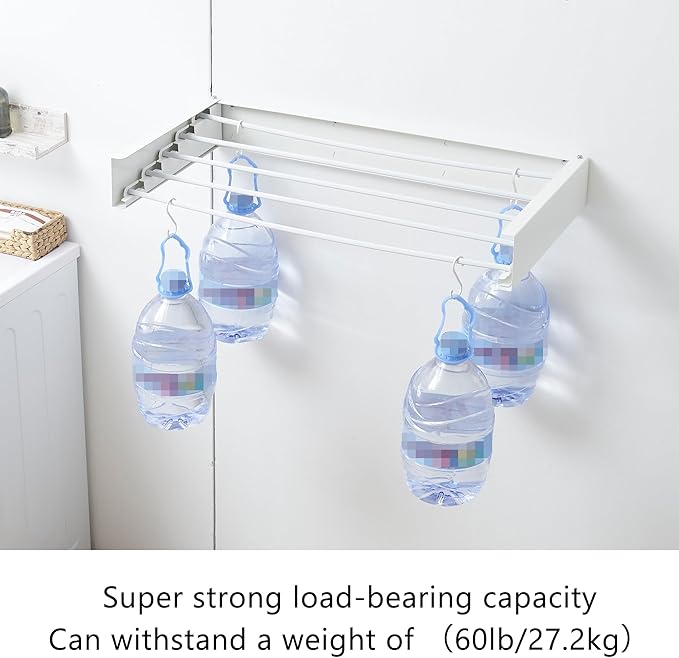Clothes Drying Rack, Laundry Hanging Rack Collapsible, Wall Mounted Drying Rack for Laundry, Foldable Drying Rack Indoor Outdoor, 31.5" Wide, 5 Aluminum Rods, 60 lb Capacity (White 31.5")