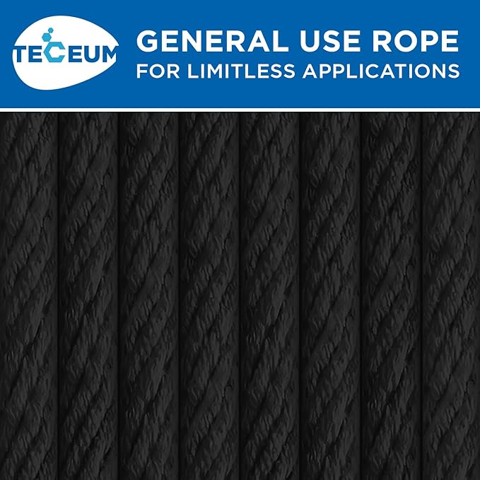 TECEUM 500lb Cotton Rope 3/16” (5 mm) – 50 FT | 100 FT – Strong All-Purpose Braided Rope – Natural Cotton – for Crafting, Сamping, Clothes Line, DIY, Indoor & Outdoor Use – Black