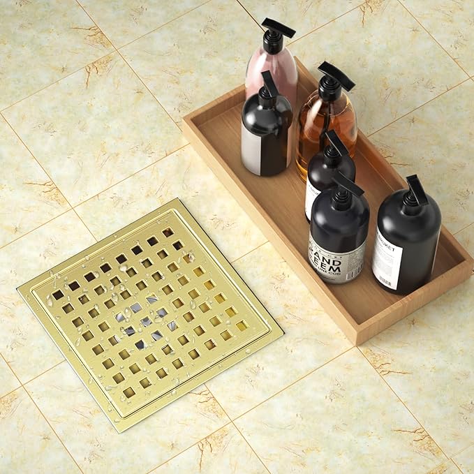 Shower Drain Brushed Gold 6 Inch, Square Floor Drain, Stainless Steel Drain Kit with Flange, Removable Grid Cover, Hair Strainer