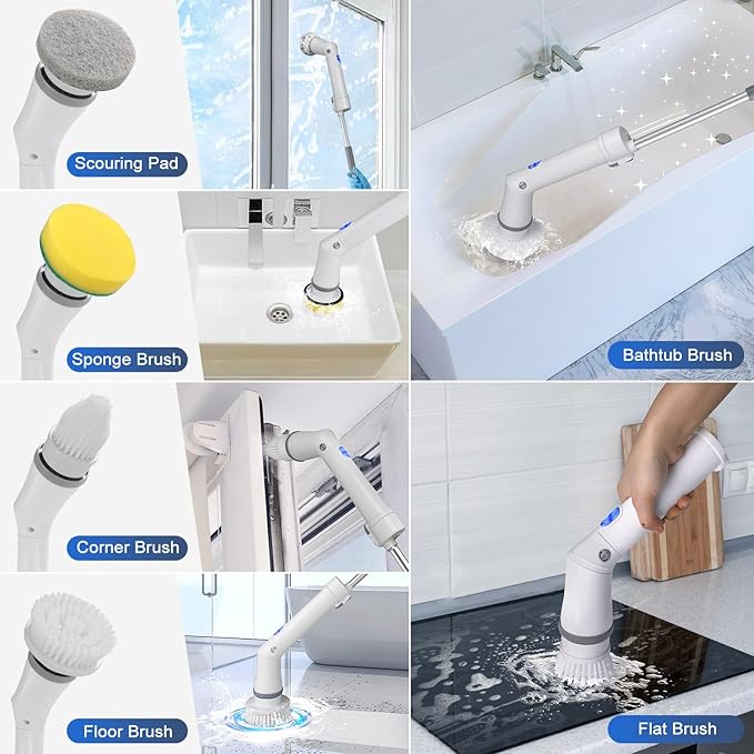 Qimedo Upgrade Rechargeable Electric Scrubber for Cleaning, 45-inch Handheld Spin Scrubber with Extended Long Handle, Cordless Power Dish Scrubber with 6 Brushes for Bathtub Grout Tile Floor