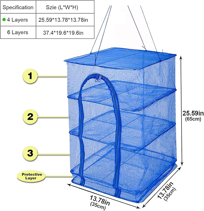 Drying Rack 4 Layers Folding Mesh, Foldable Nylon Netting, Hanging Drying Net, for Shrimp, Fish, Fruit, Vegetables, Herb, with Zipper Opening - Blue (25.59X13.78X13.78 in)