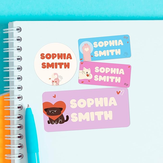 Personalized Name Tag Stickers for Kids (130+ Pack) | Cat Waterproof Labels for School Supplies, Bottles & Lunch Boxes | Custom Vinyl Name Labels for Clothing, Toys & More (F. Cats)