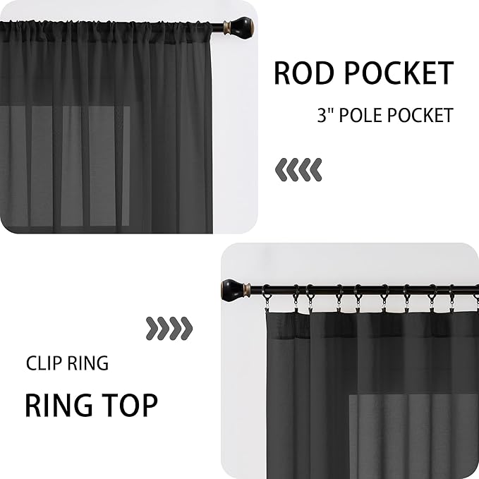 Tollpiz Short Sheer Door Curtain Closet Linen Textured Curtain Sheers Doorway Light Filtering Voile Patio Glass Door Rod Pocket Curtains French Door, 54 x 54 inches Long, Black, Set of 1 Panel