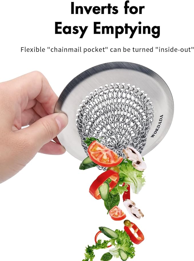 Sink Drain Strainer: Anti-Slip Flexible Chainlink, 304 Stainless Steel. Upgraded Clog-Free Kitchen Version, Easy-Clean Catcher for Garbage Disposal