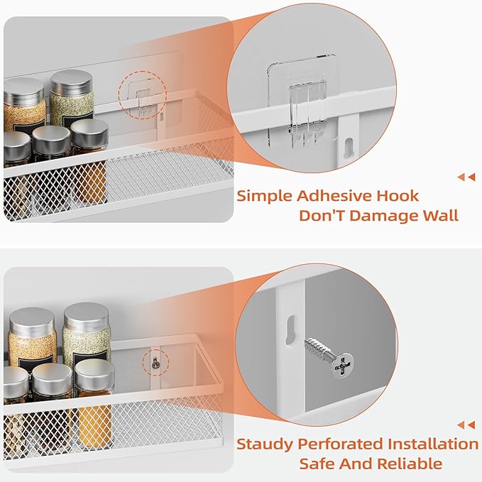 Spice Rack Wall Mount, 4 Pack Wall Spice Rack & Hanging Storage Baskets Organizer Wall Mount, Large Capacity Metal Spice Shelf for Kitchen Cabinet, Pantry Doors, Bathroom, Shower, Home Decor
